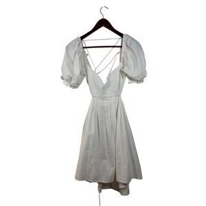 Lulus Mini Dress Womens M‎ White Cotton Linen Puff Sleeve Lace Up Back MD2965LU